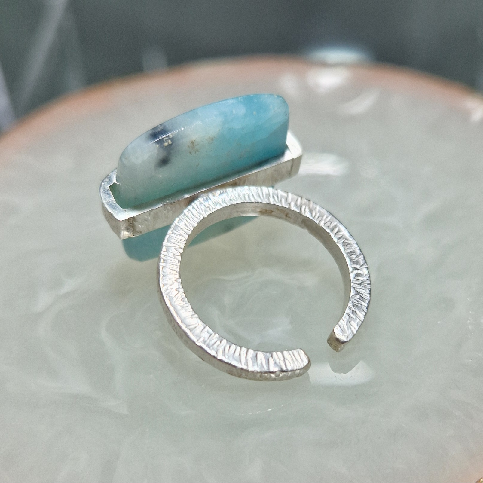 Textured silver ring with amazonite
