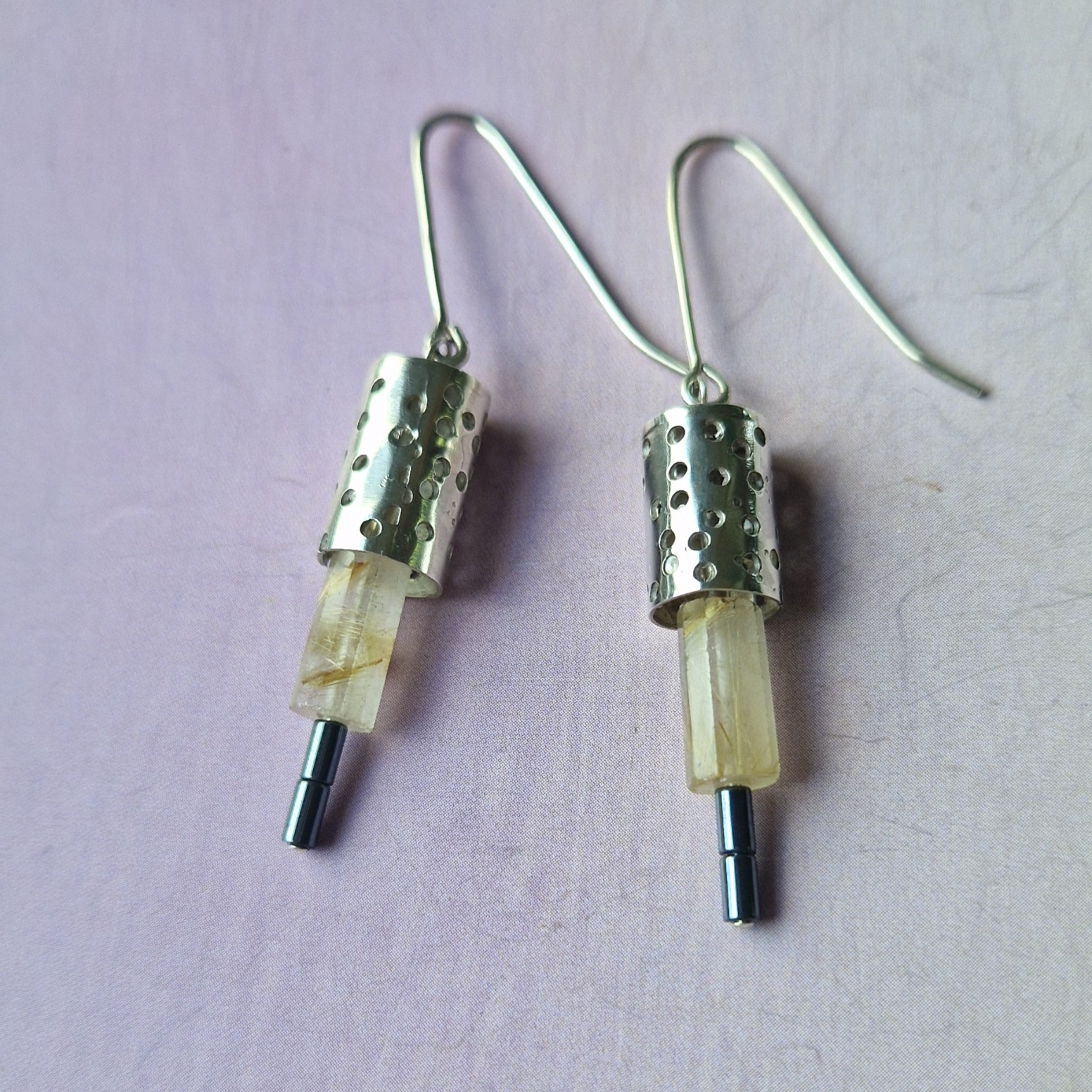Silver earrings with golden rutile quartz and haematite