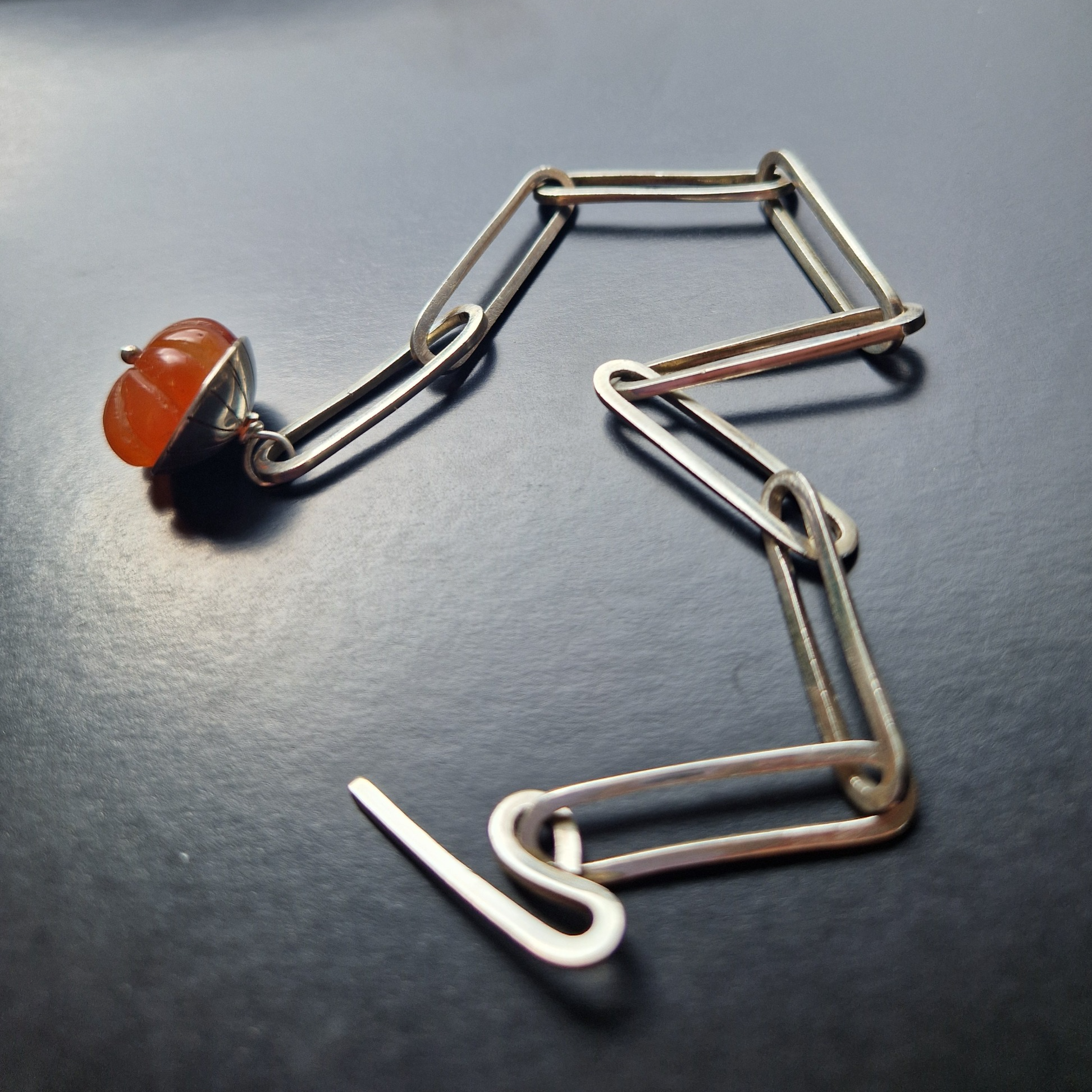 SOLD  Silver hand made long link bracelet with carnelian