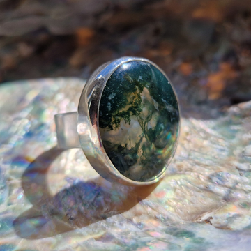 Large silver ring with Moss Agate stone