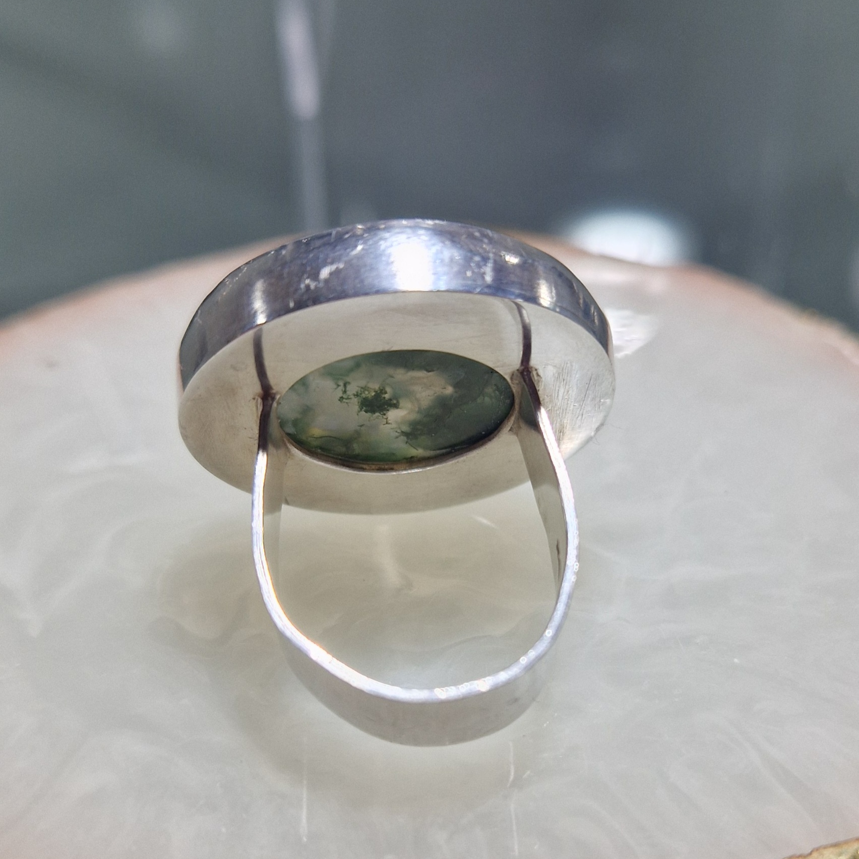 Large silver ring with Moss Agate stone