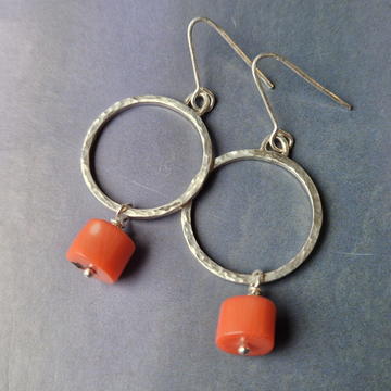 Hammered silver earrings with coral drops