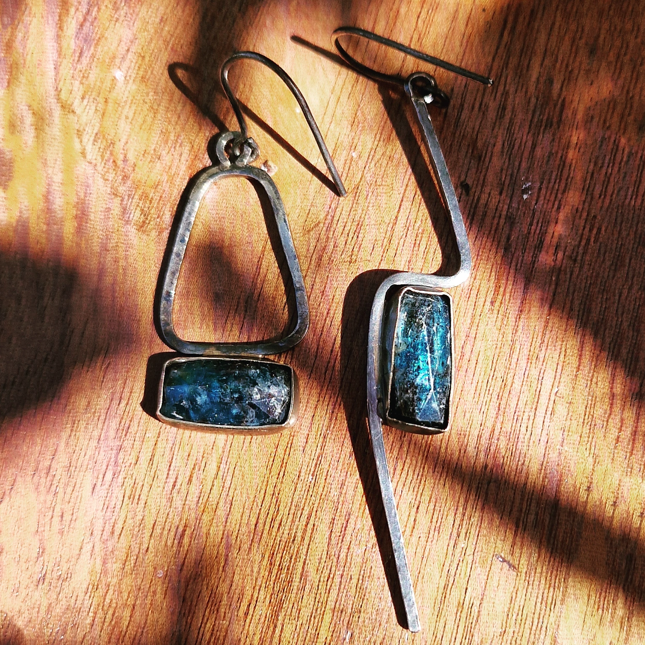 Asymetric oxidised silver and kyanite set earrings