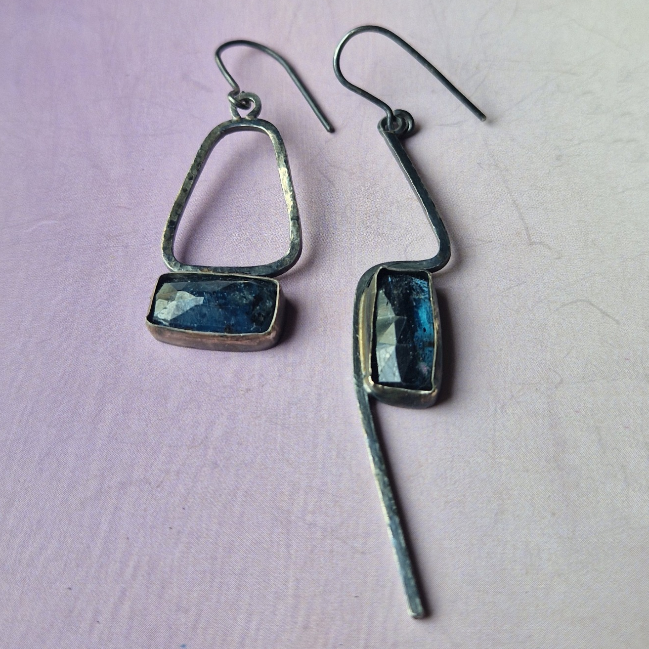 Asymetric oxidised silver and kyanite set earrings