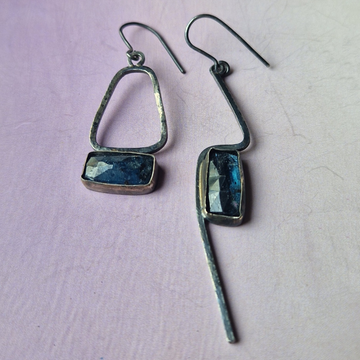 Asymetric oxidised silver and kyanite set earrings