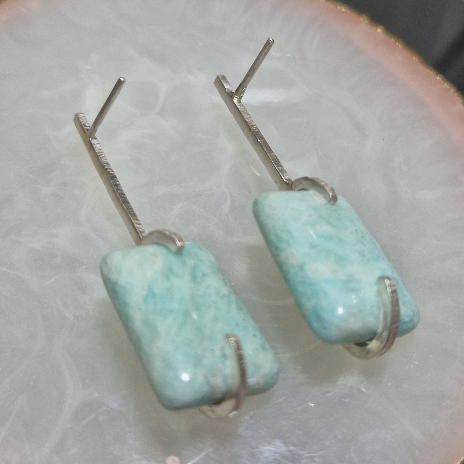 Hammered silver earrings with amazonites