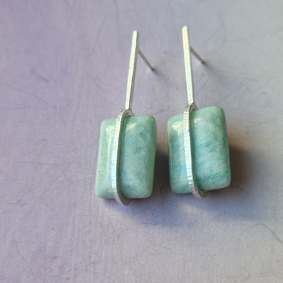 Hammered silver earrings with amazonites