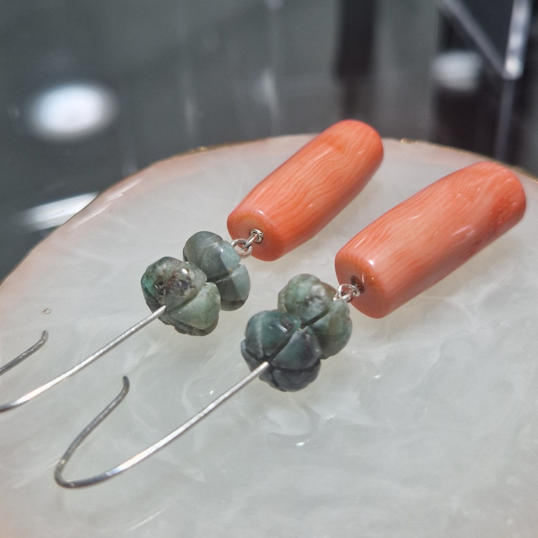 Silver earrings with natural emerald flower and coral drops