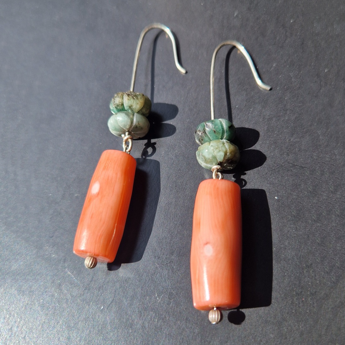 Silver earrings with natural emerald flower and coral drops
