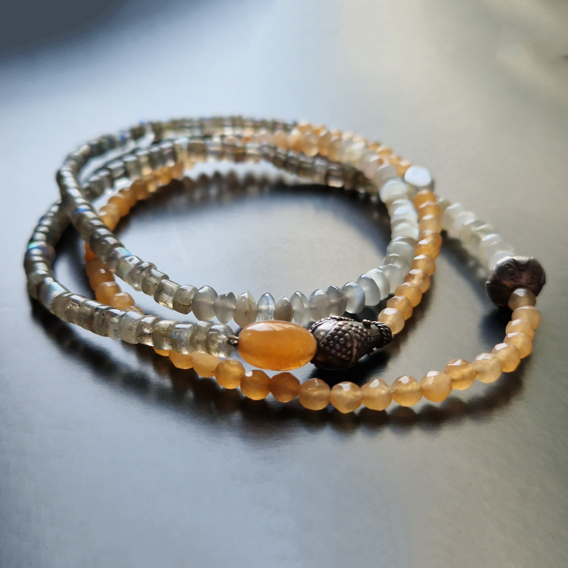 Multistone necklace with labradorites, carnelians and moonstones. - Julia Mathias Jewellery